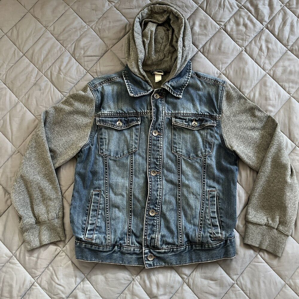 Y2K Denim Jacket Hoodie Combo Youth M Grunge Layered Jean Jacket Hooded Trucker